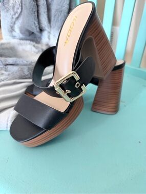 Soda Black Platform Block Heel Sandals with Gold Buckle